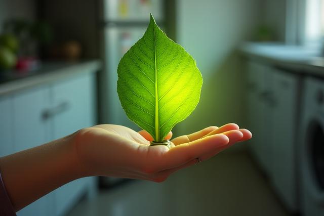 Main tenant une ampoule verte, symbolisant l'engagement écologique de Zephyr Ménager